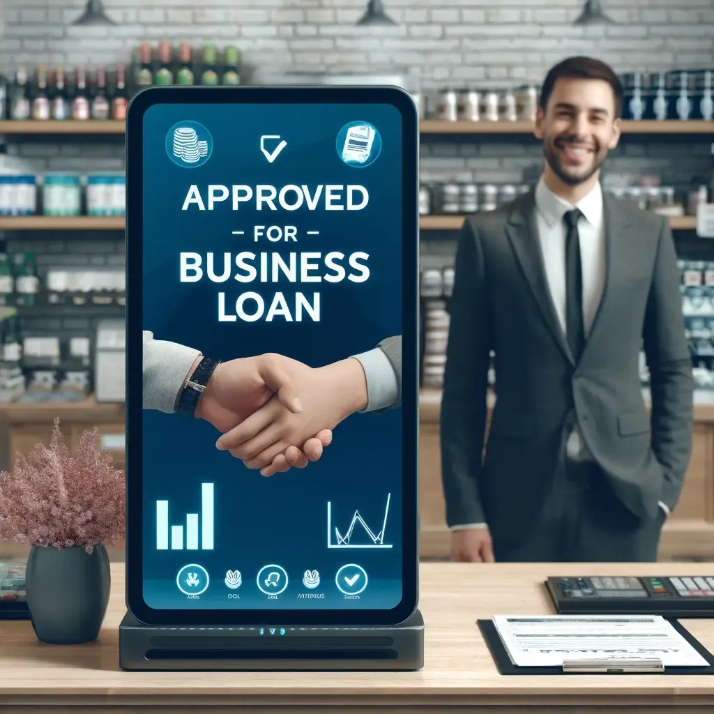 A photo shows a businessman getting approved for a business loan